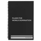 Small black spiral notebook laser etched with 'World Domination' design