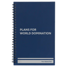 Small blue spiral notebook laser etched with 'World Domination' design