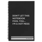 Small black spiral notebook laser etched with 'Hot Mess' design