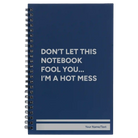 Small blue spiral notebook laser etched with 'Hot Mess' design