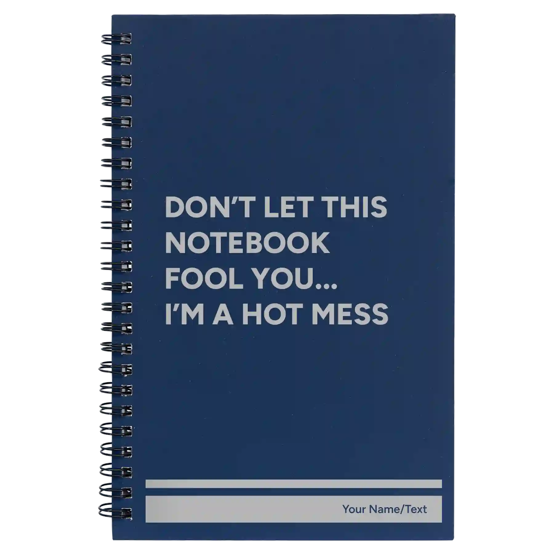 Small blue spiral notebook laser etched with 'Hot Mess' design