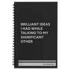 Small black spiral notebook laser etched with 'Brilliant Ideas I Had' design