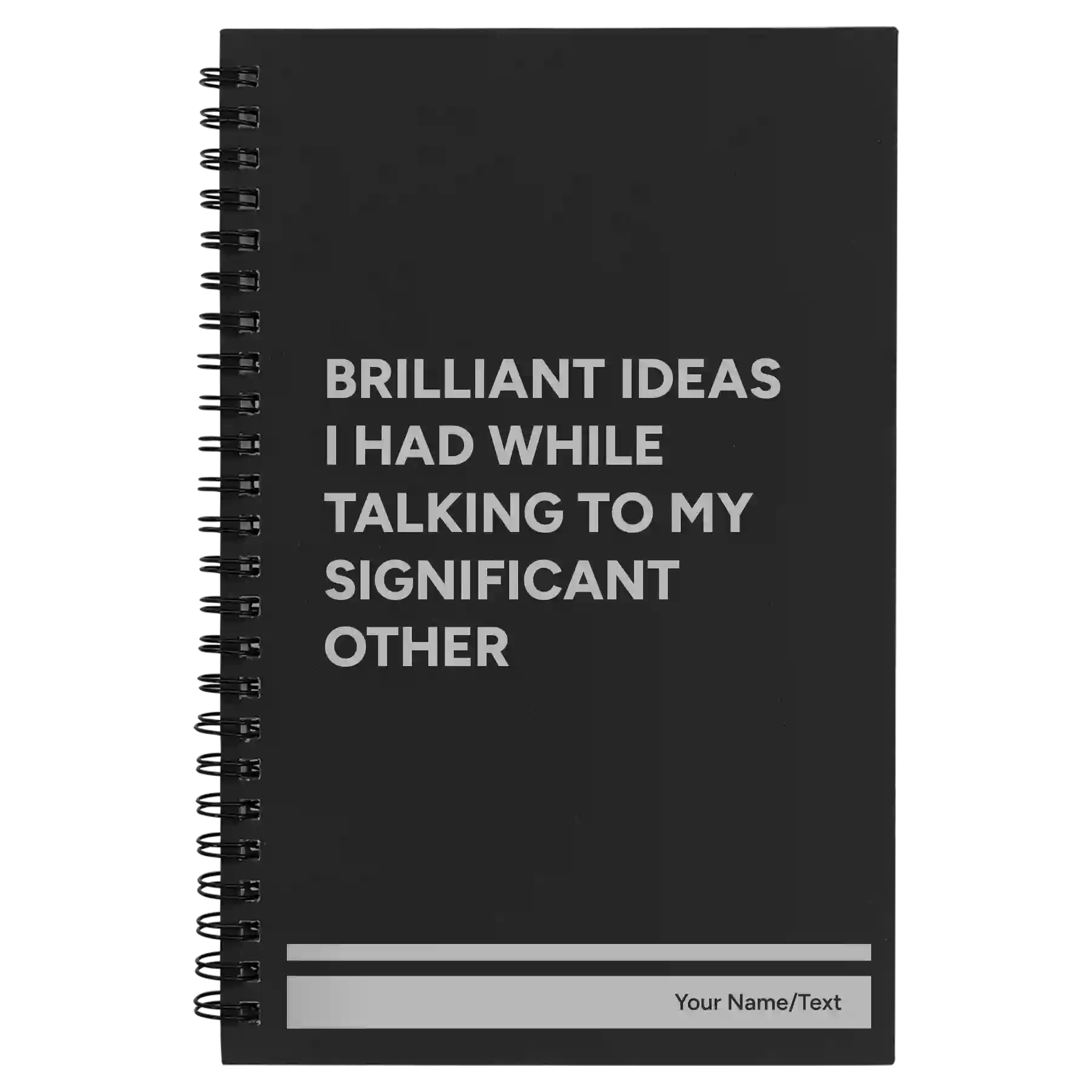 Small black spiral notebook laser etched with 'Brilliant Ideas I Had' design