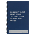 Small blue spiral notebook laser etched with 'Brilliant Ideas I Had' design