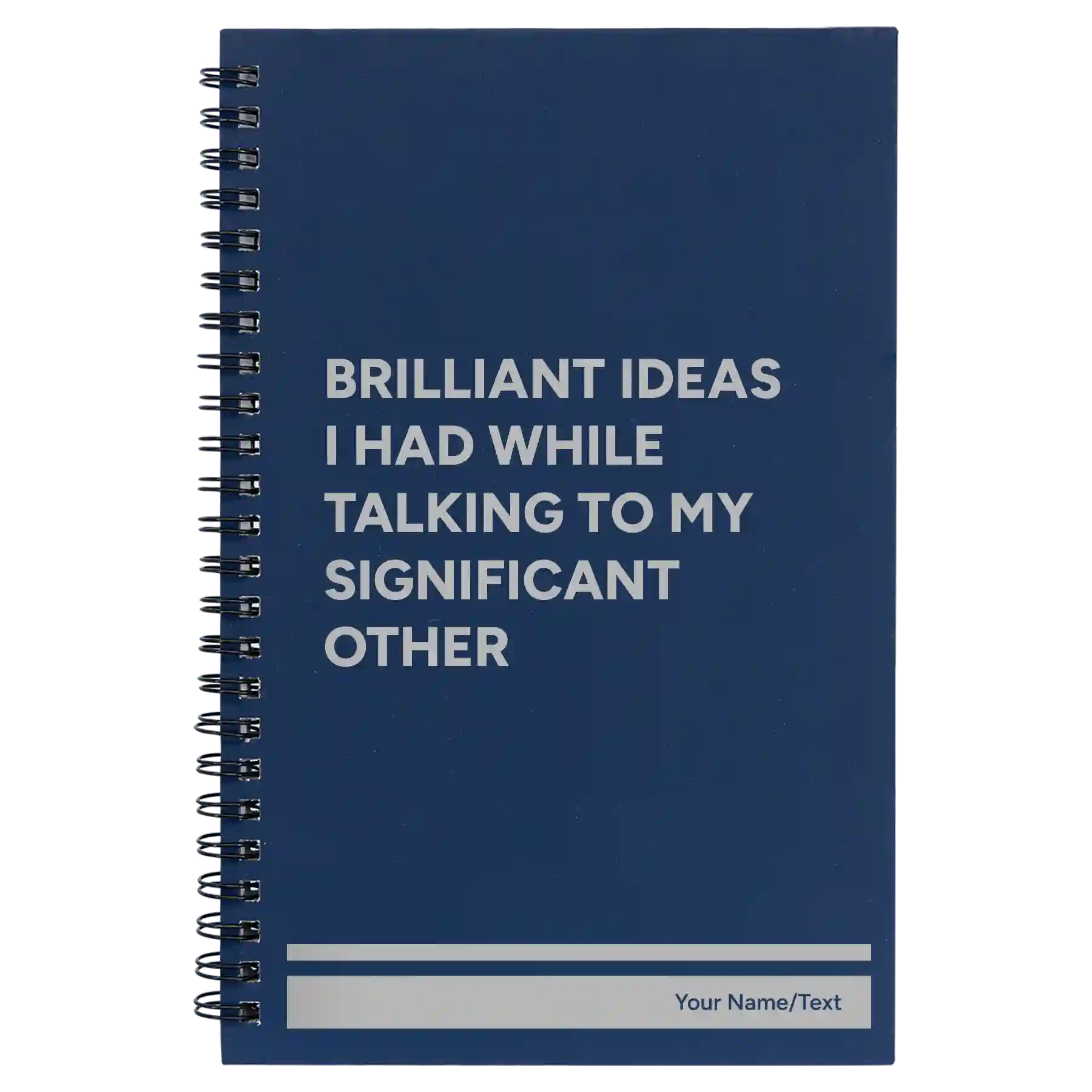 Small blue spiral notebook laser etched with 'Brilliant Ideas I Had' design