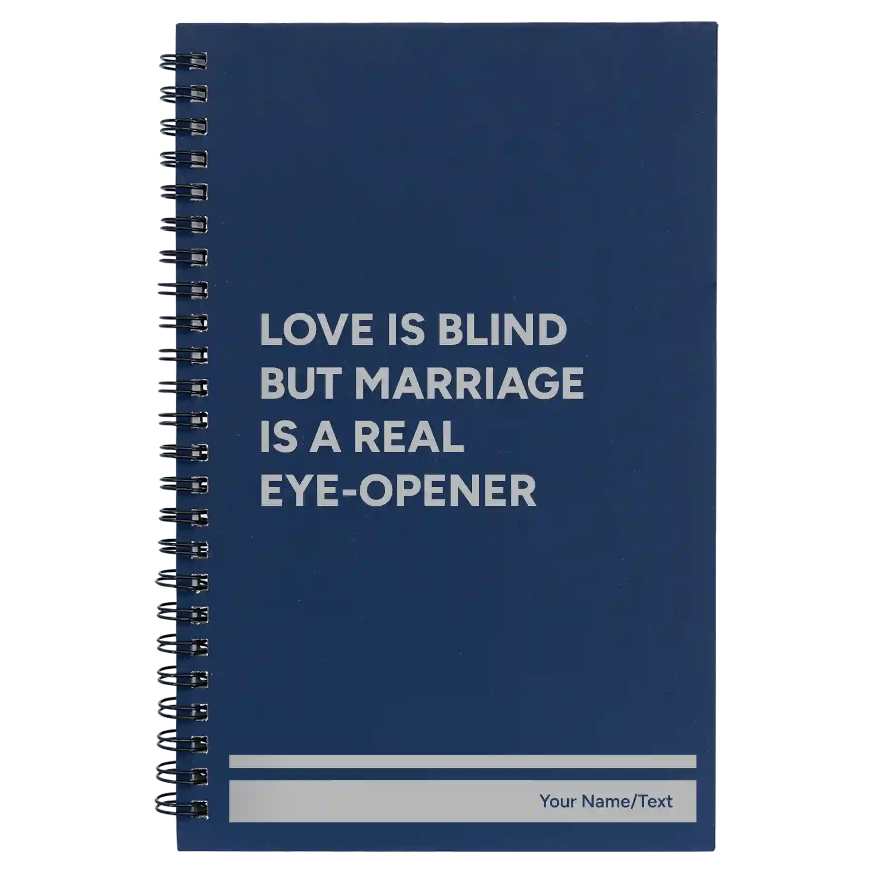 Small blue spiral notebook laser etched with 'Love is Blind' design