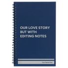 Small blue spiral notebook laser etched with 'Our Love Story' design