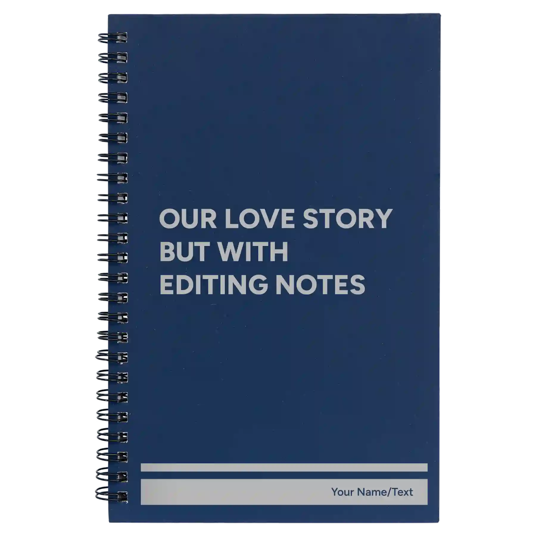 Small blue spiral notebook laser etched with 'Our Love Story' design