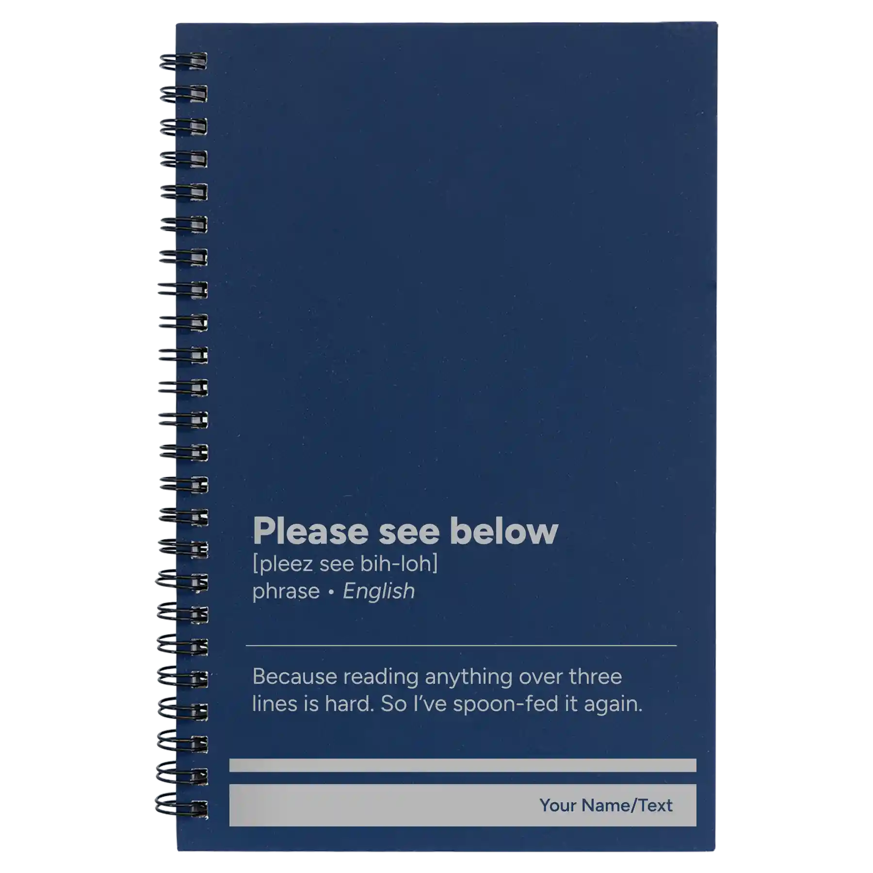 Small blue spiral notebook laser etched with 'Per My Last Email' design