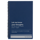 Small blue spiral notebook laser etched with 'Let Me Know Your Thoughts' design
