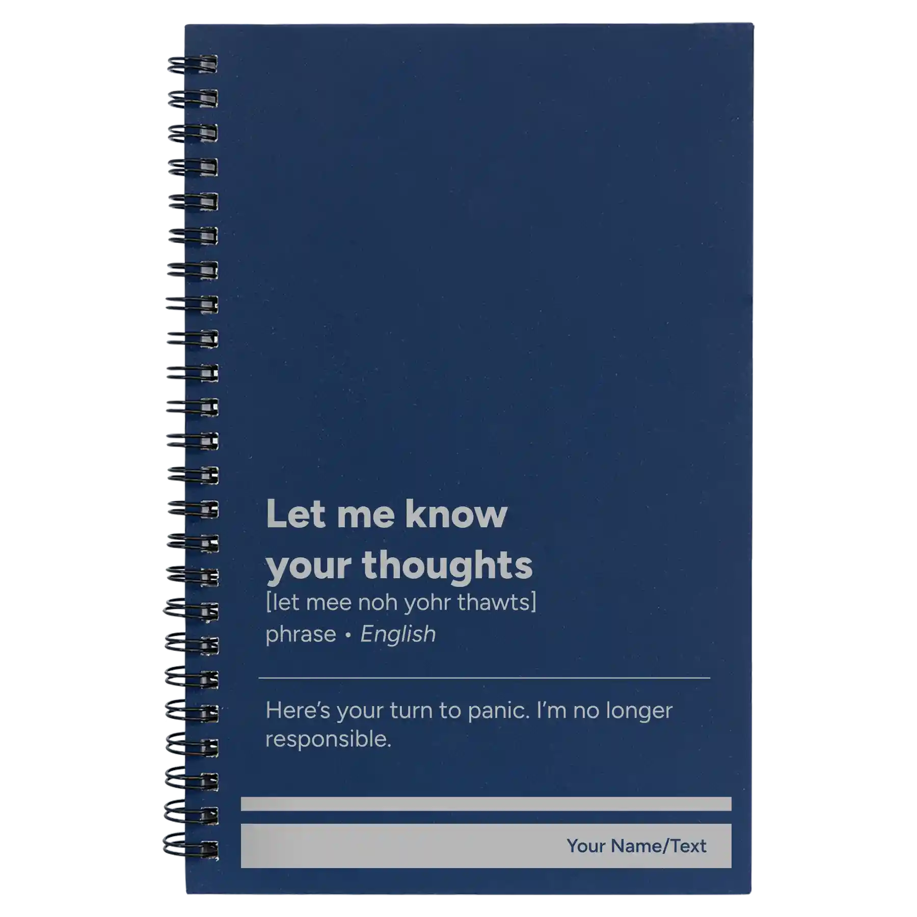 Small blue spiral notebook laser etched with 'Let Me Know Your Thoughts' design