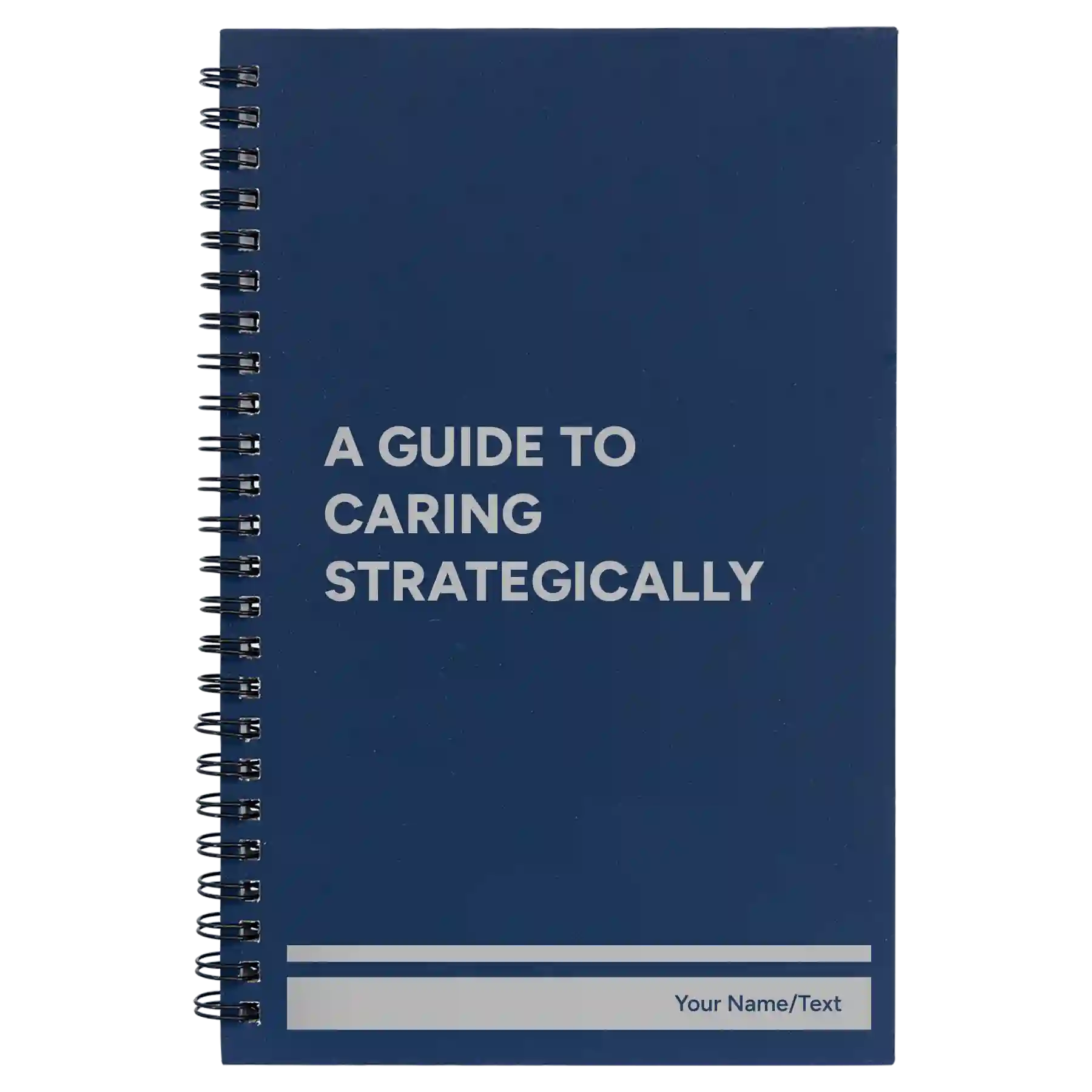 Small blue spiral notebook laser etched with 'A guide to caring strategically' design