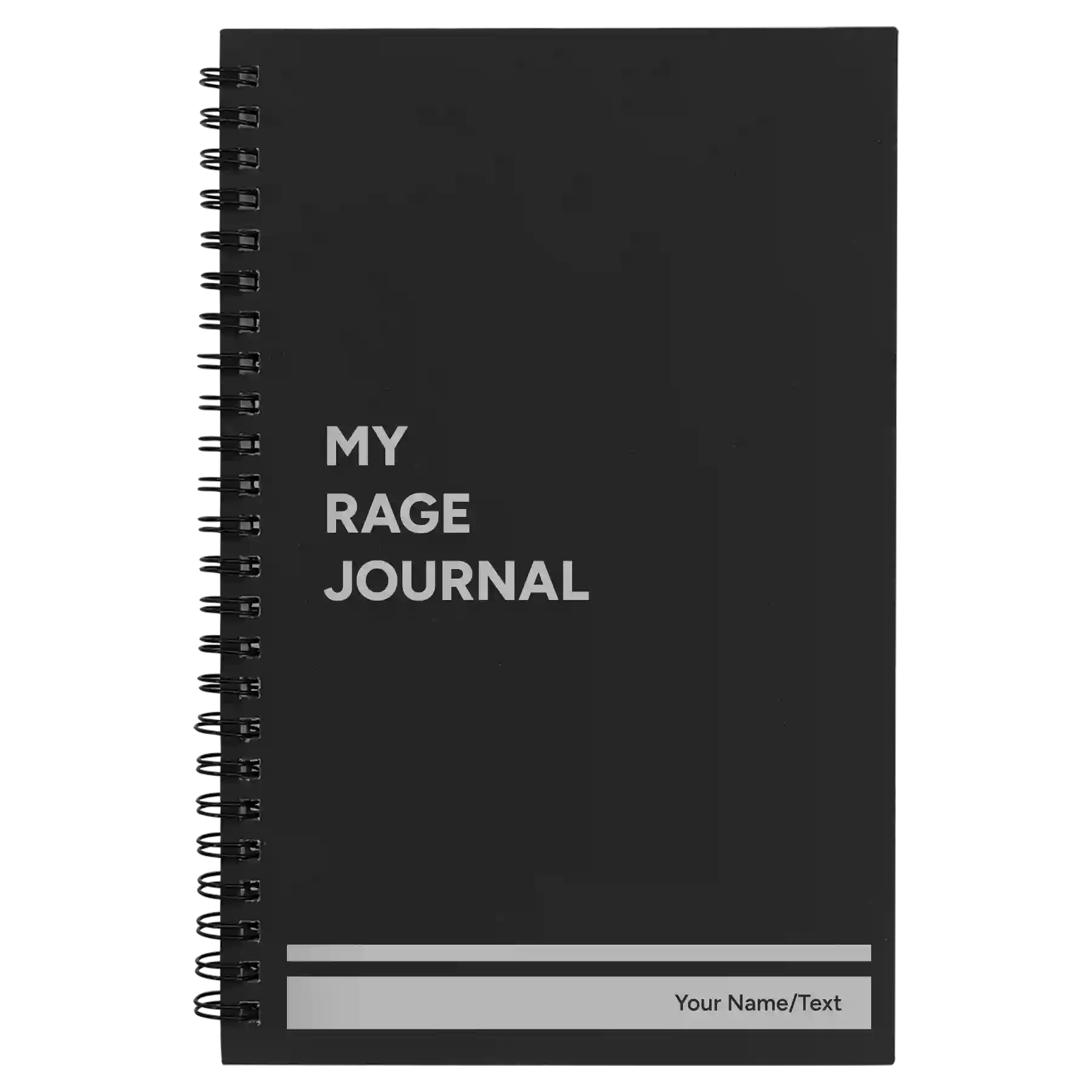 Small black spiral notebook laser etched with 'My rage journal' design