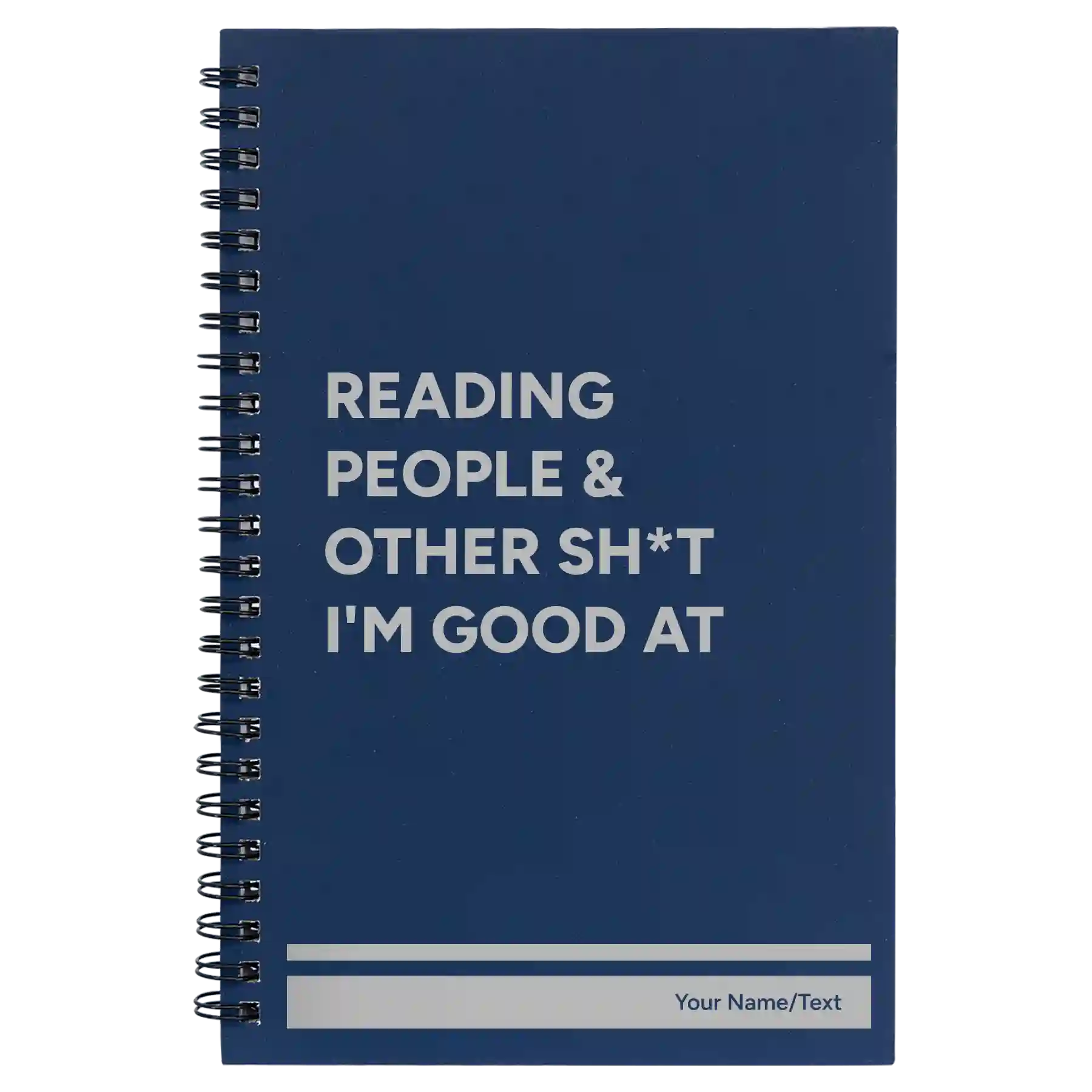 Small blue spiral notebook laser etched with 'Reading people other sht Im good at' design