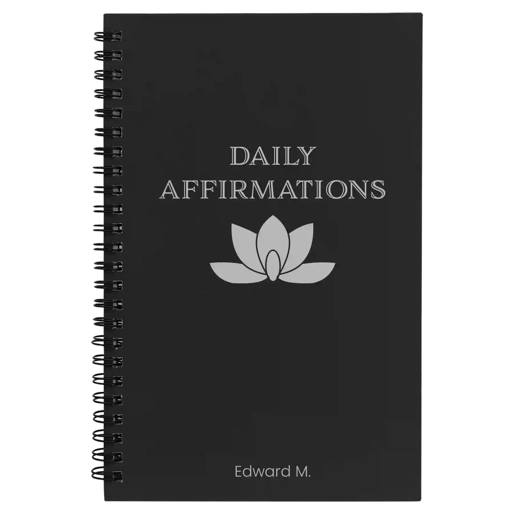 Small black spiral notebook laser etched with 'Daily Affirmations' design