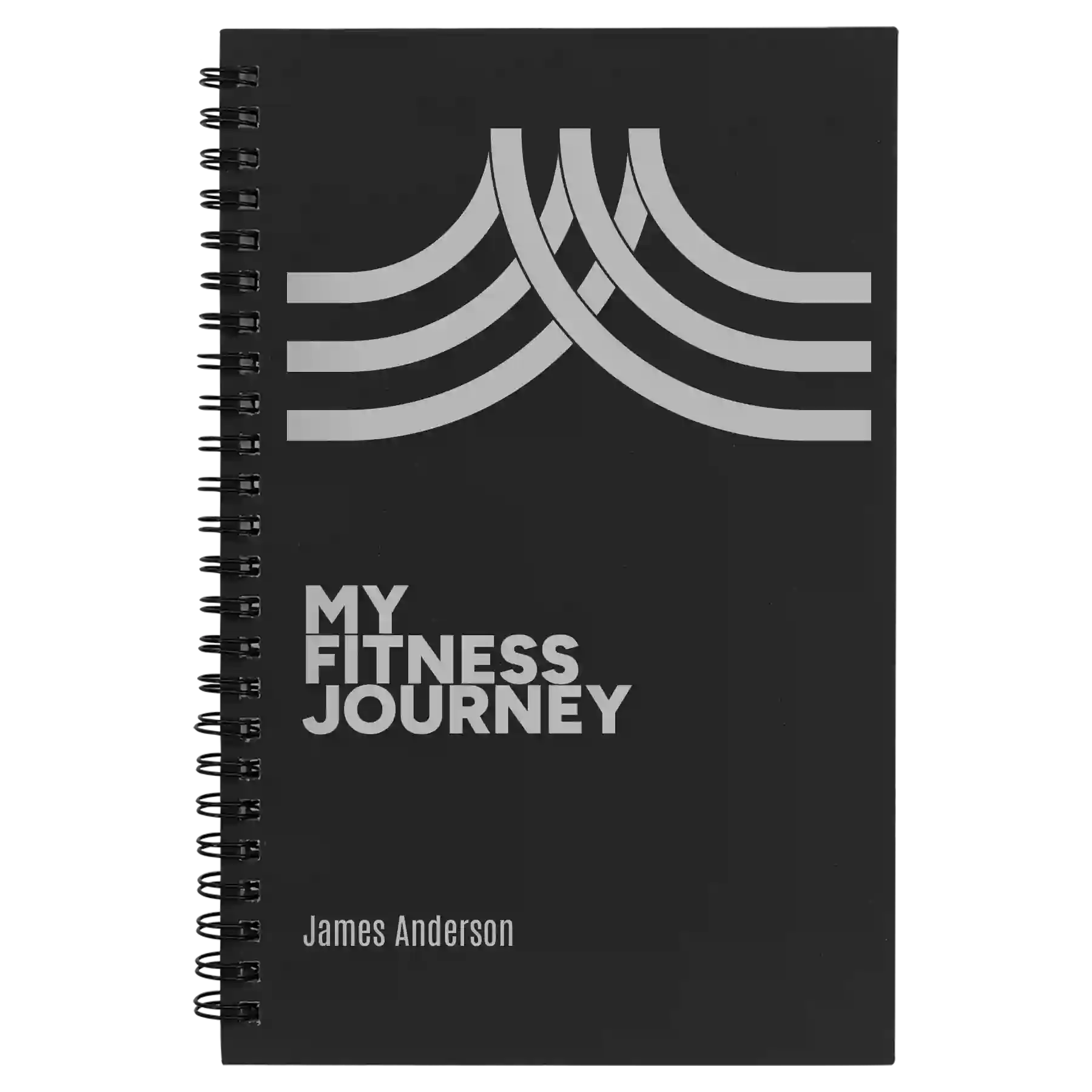 Small black spiral notebook laser etched with 'Fitness Journey' design