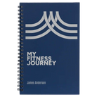 Small blue spiral notebook laser etched with 'Fitness Journey' design