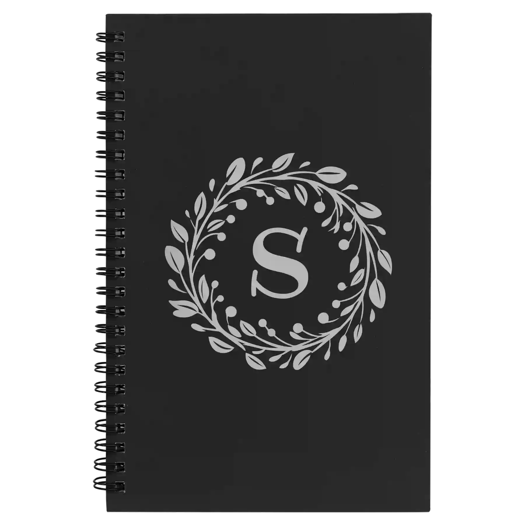 Small black spiral notebook laser etched with 'Floral Circle with Initial' design