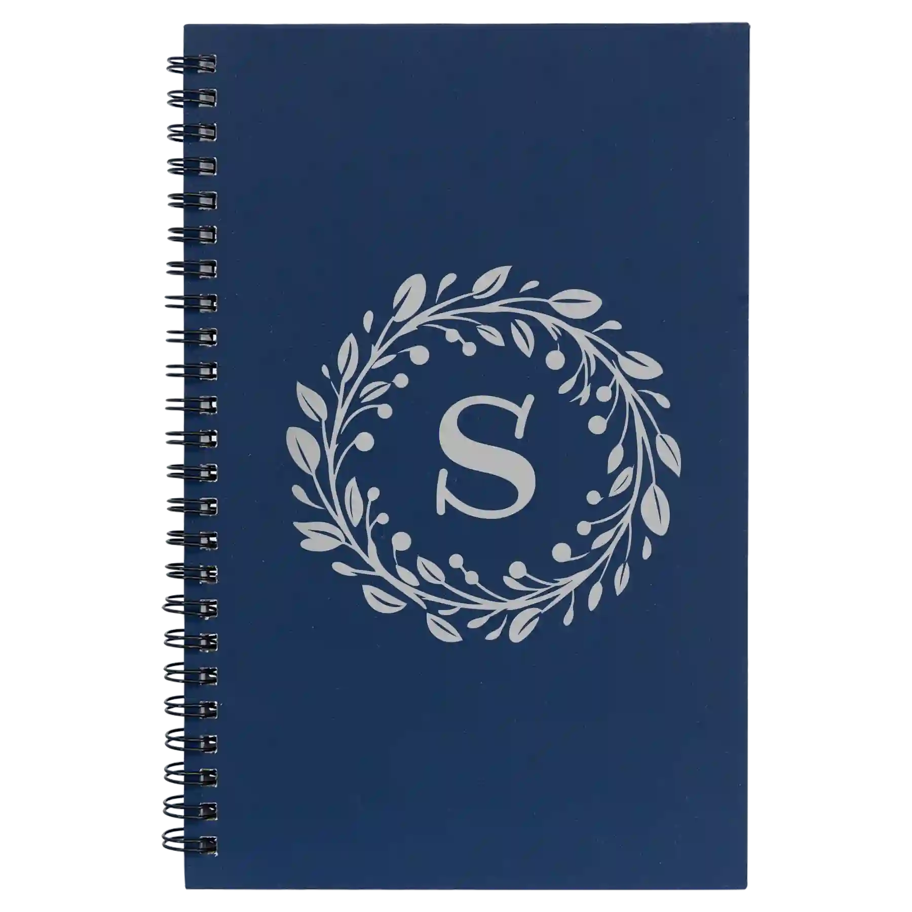 Small blue spiral notebook laser etched with 'Floral Circle with Initial' design