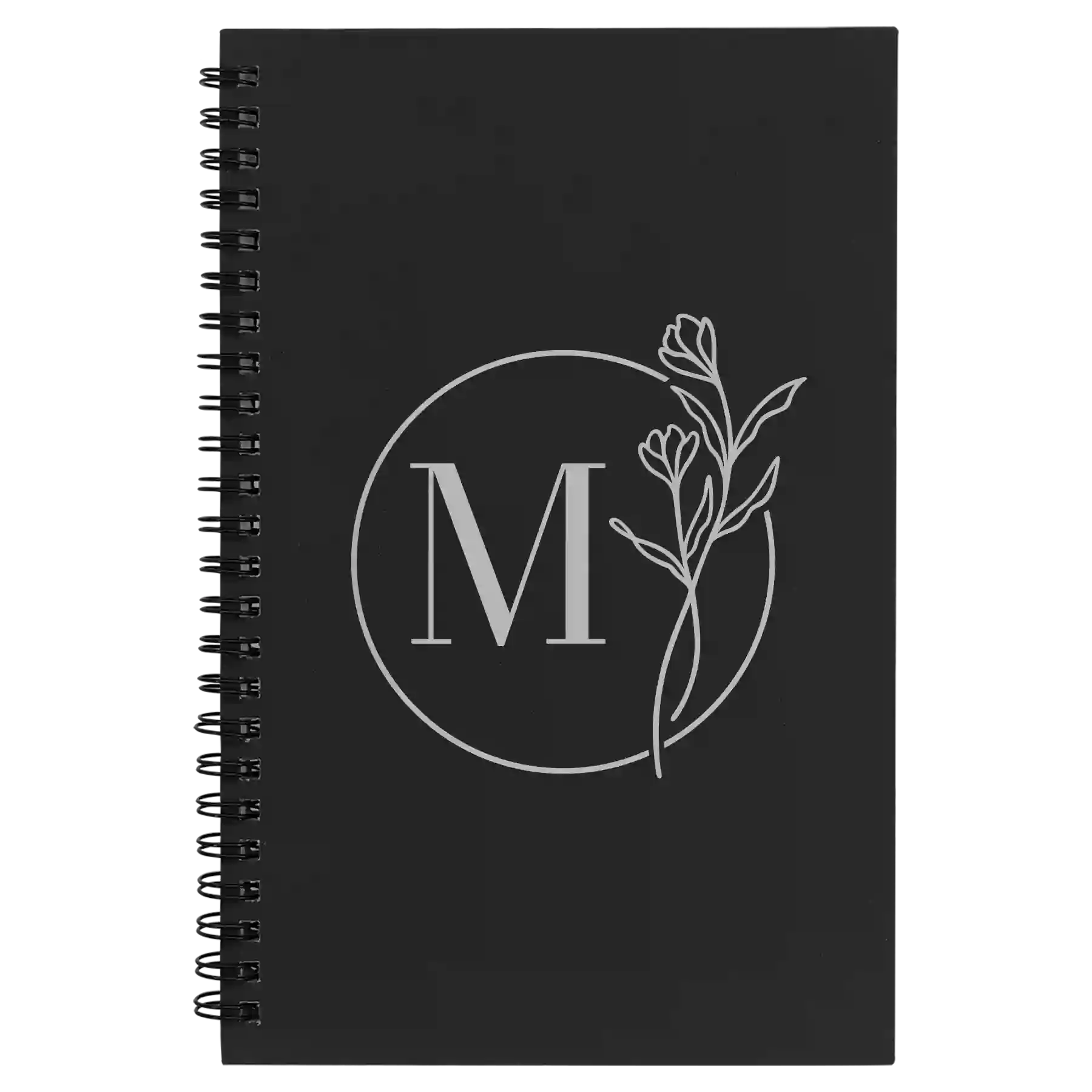 Small black spiral notebook laser etched with 'Floral Circle' design