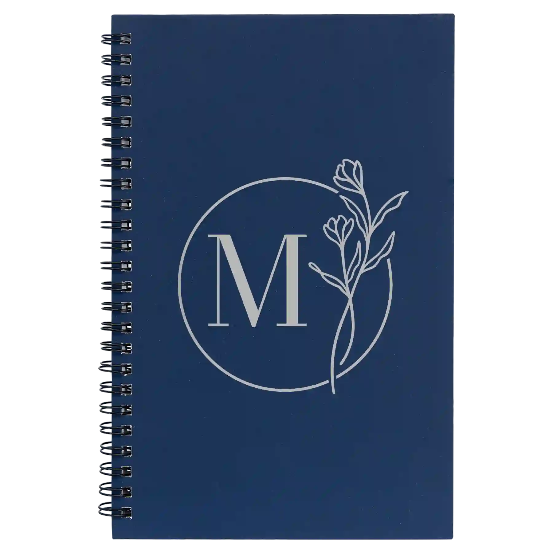 Small blue spiral notebook laser etched with 'Floral Circle' design