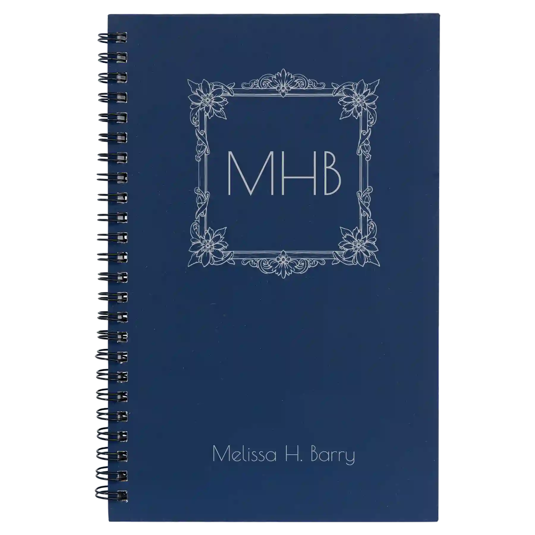 Small blue spiral notebook laser etched with 'Floral Frame' design