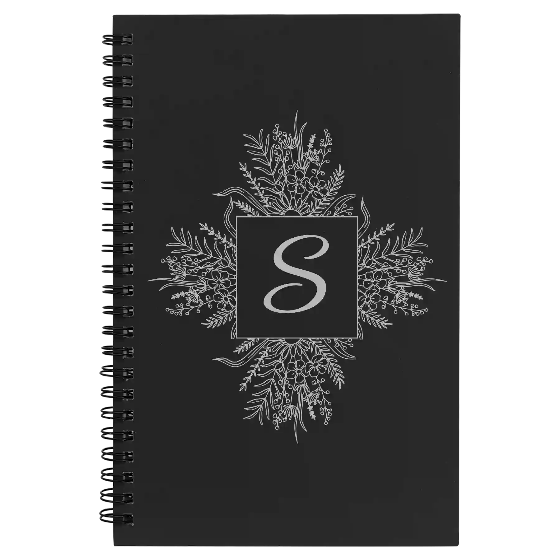 Small black spiral notebook laser etched with 'Floral Initals' design