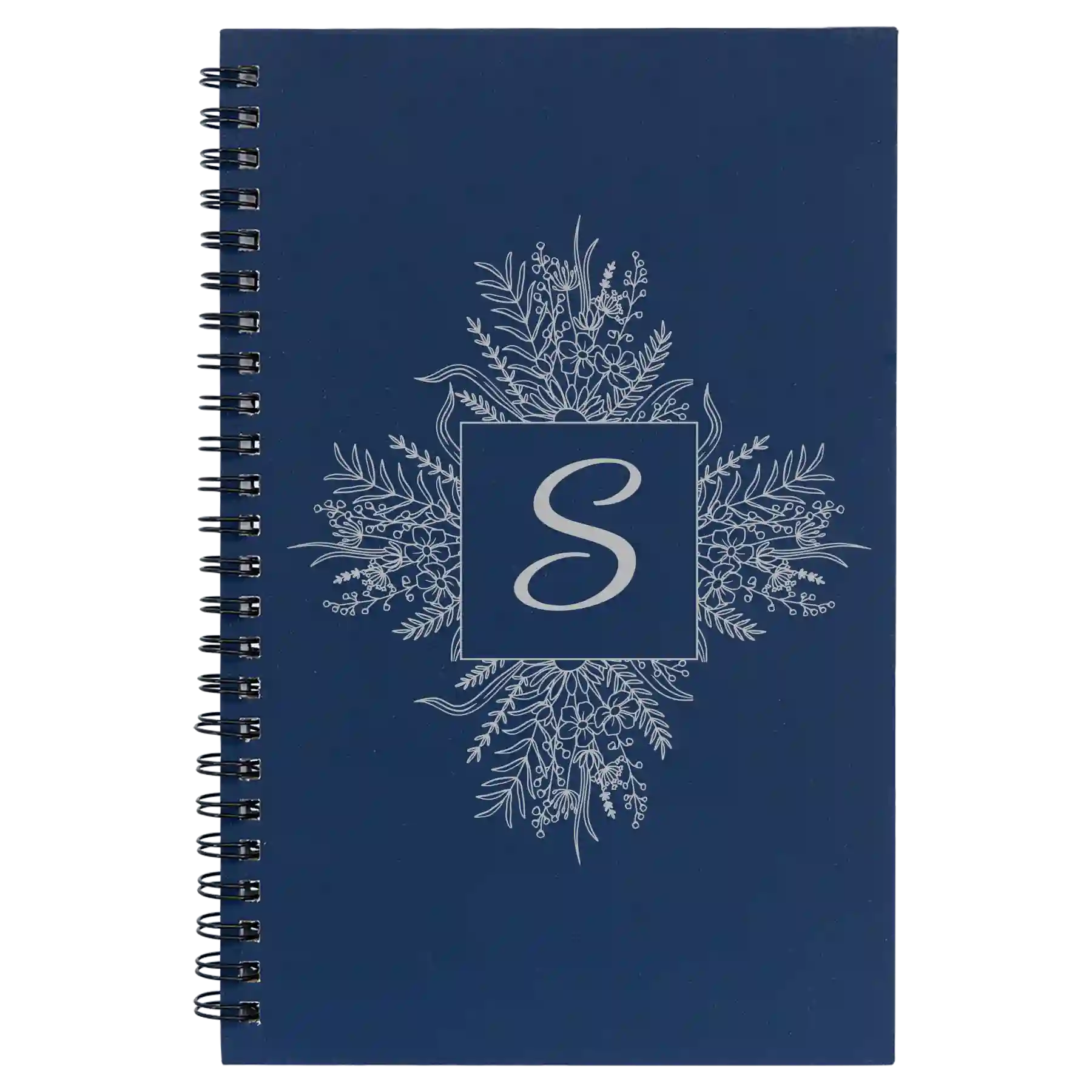 Small blue spiral notebook laser etched with 'Floral Initals' design