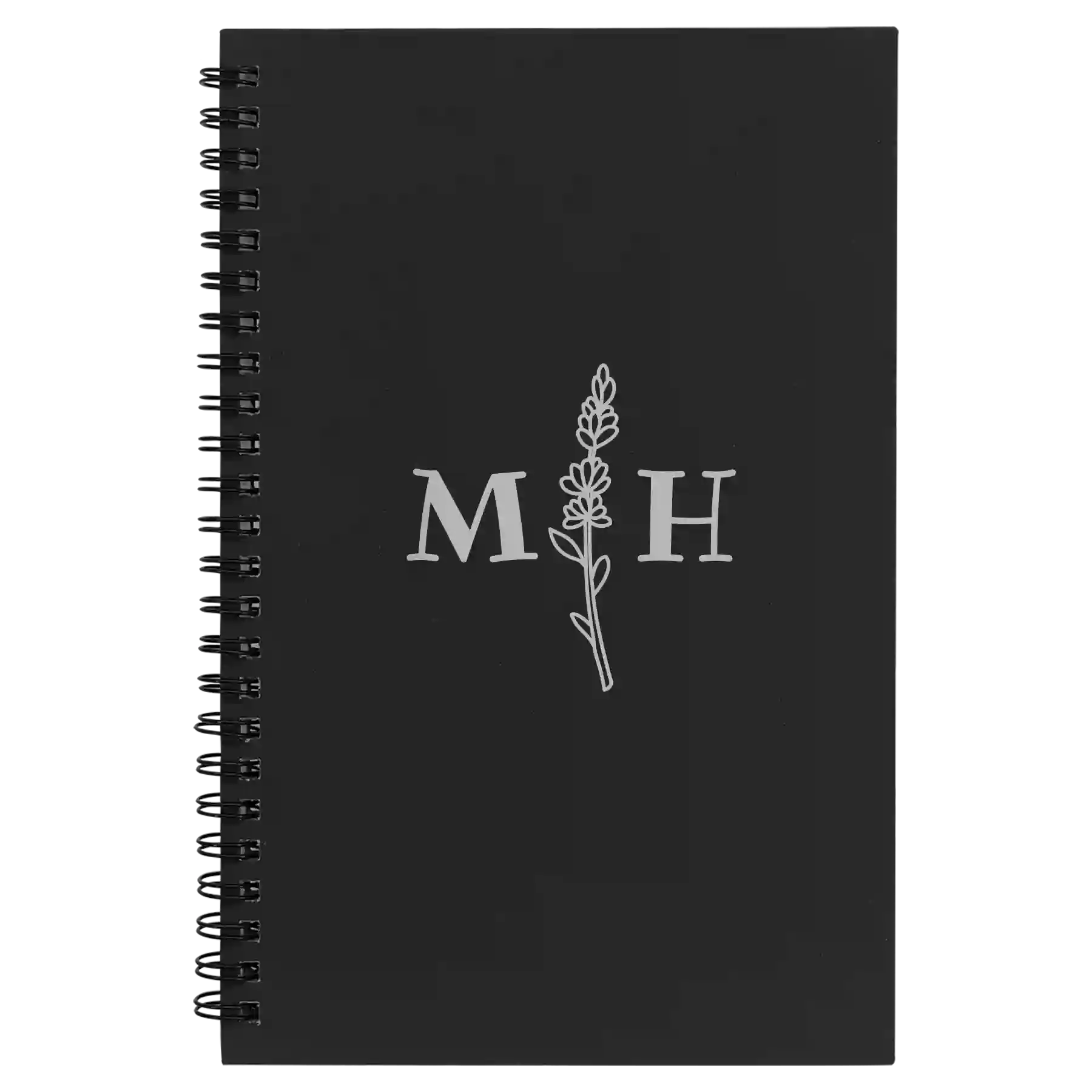 Small black spiral notebook laser etched with 'Flower Initial' design