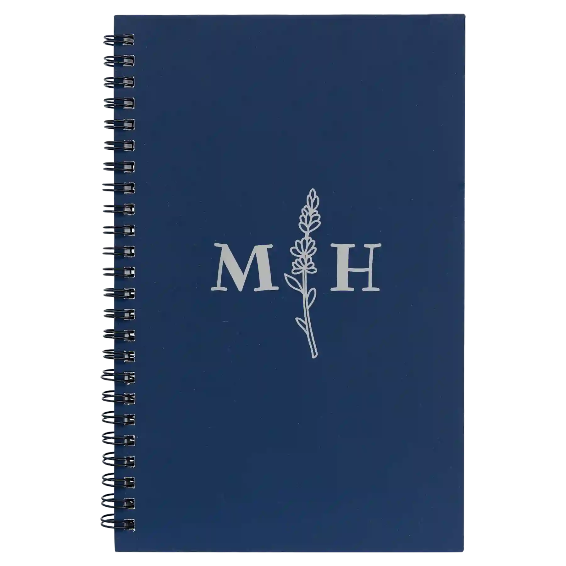 Small blue spiral notebook laser etched with 'Flower Initial' design