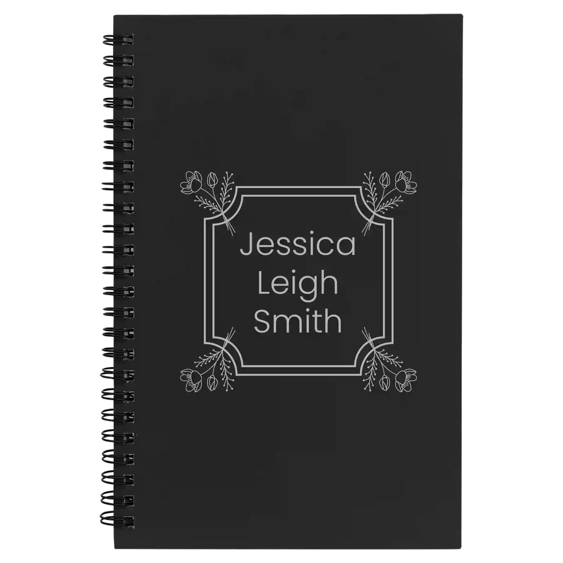 Small black spiral notebook laser etched with 'Flower Square' design