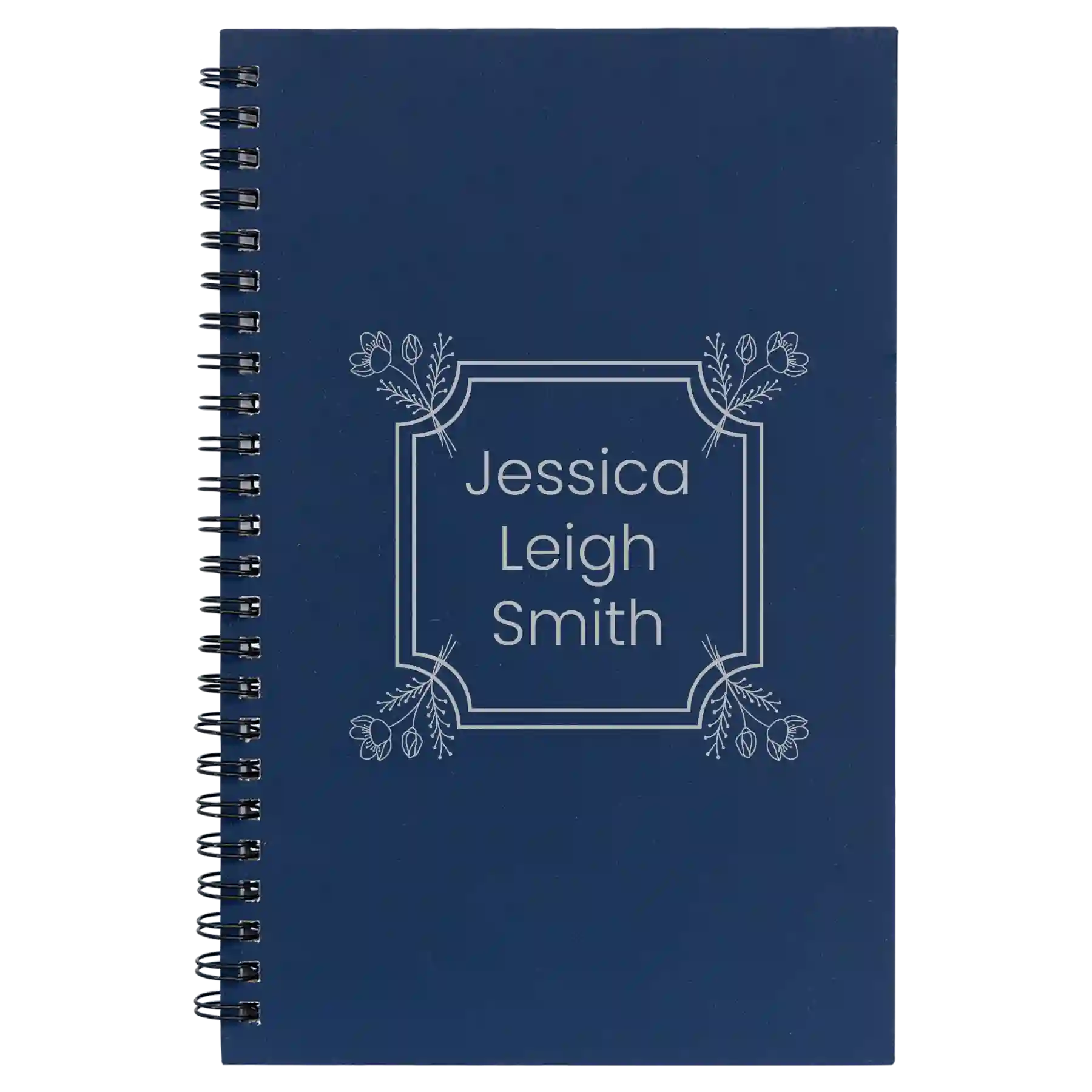 Small blue spiral notebook laser etched with 'Flower Square' design