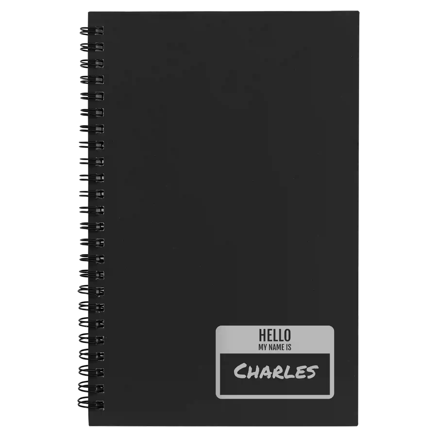 Small black spiral notebook laser etched with 'Hello My Name is' design