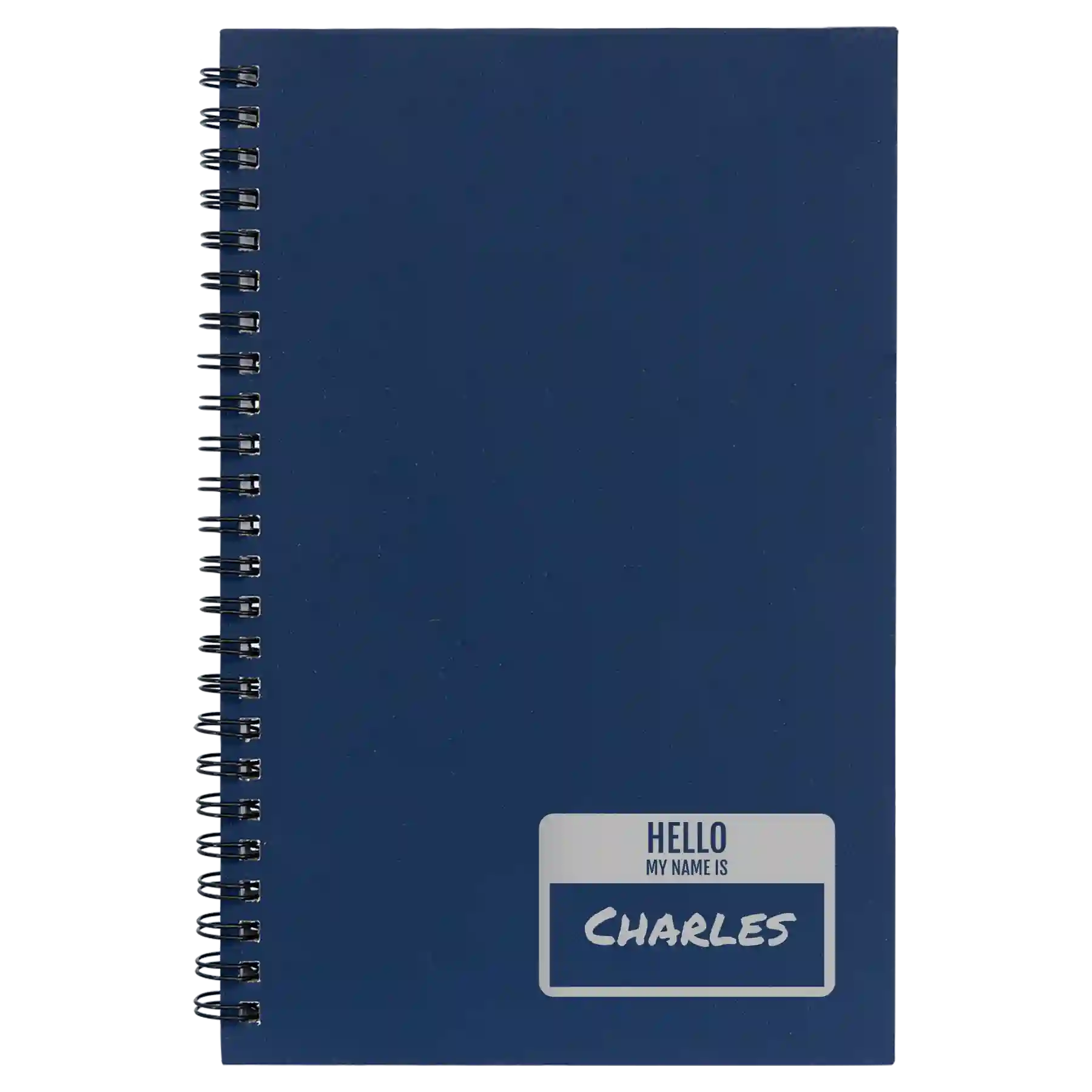 Small blue spiral notebook laser etched with 'Hello My Name is' design