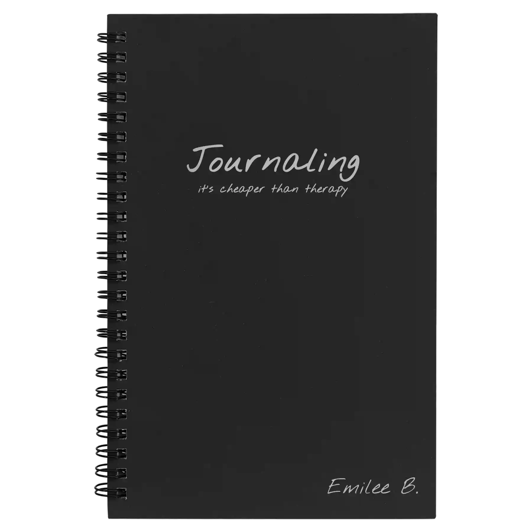 Small black spiral notebook laser etched with 'Journaling' design