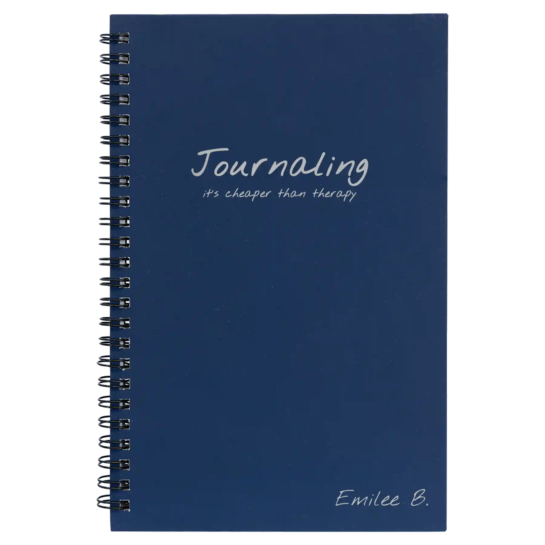 Small blue spiral notebook laser etched with 'Journaling' design