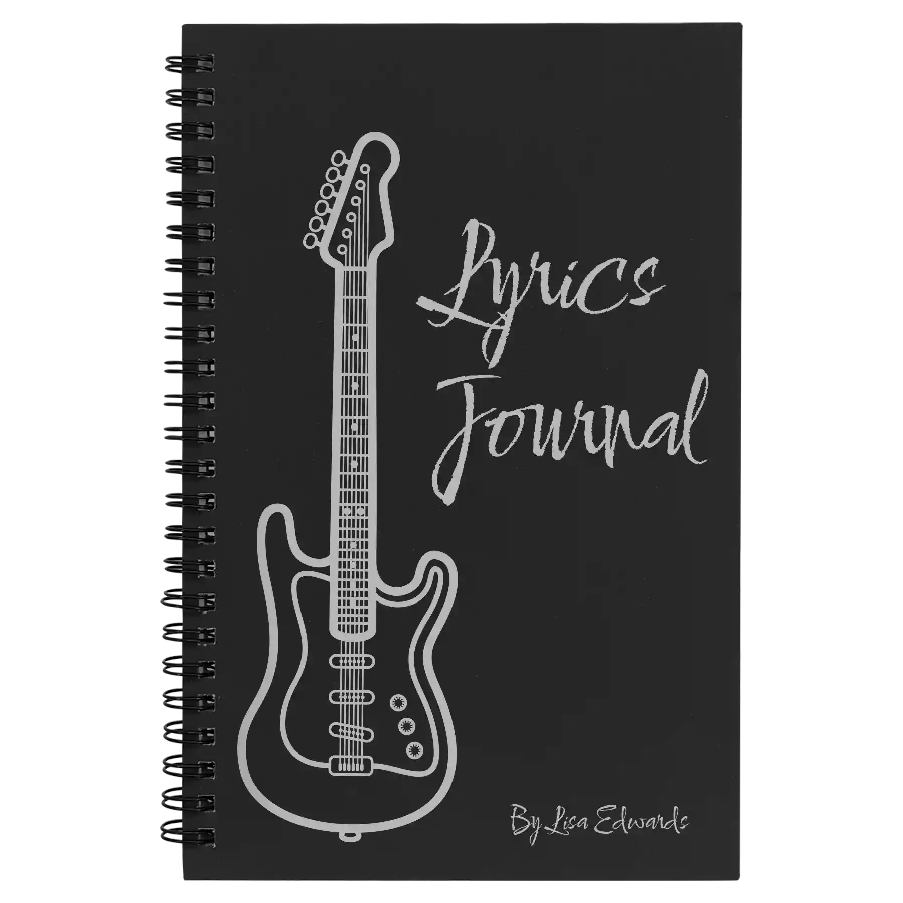 Small black spiral notebook laser etched with 'Lyrics' design