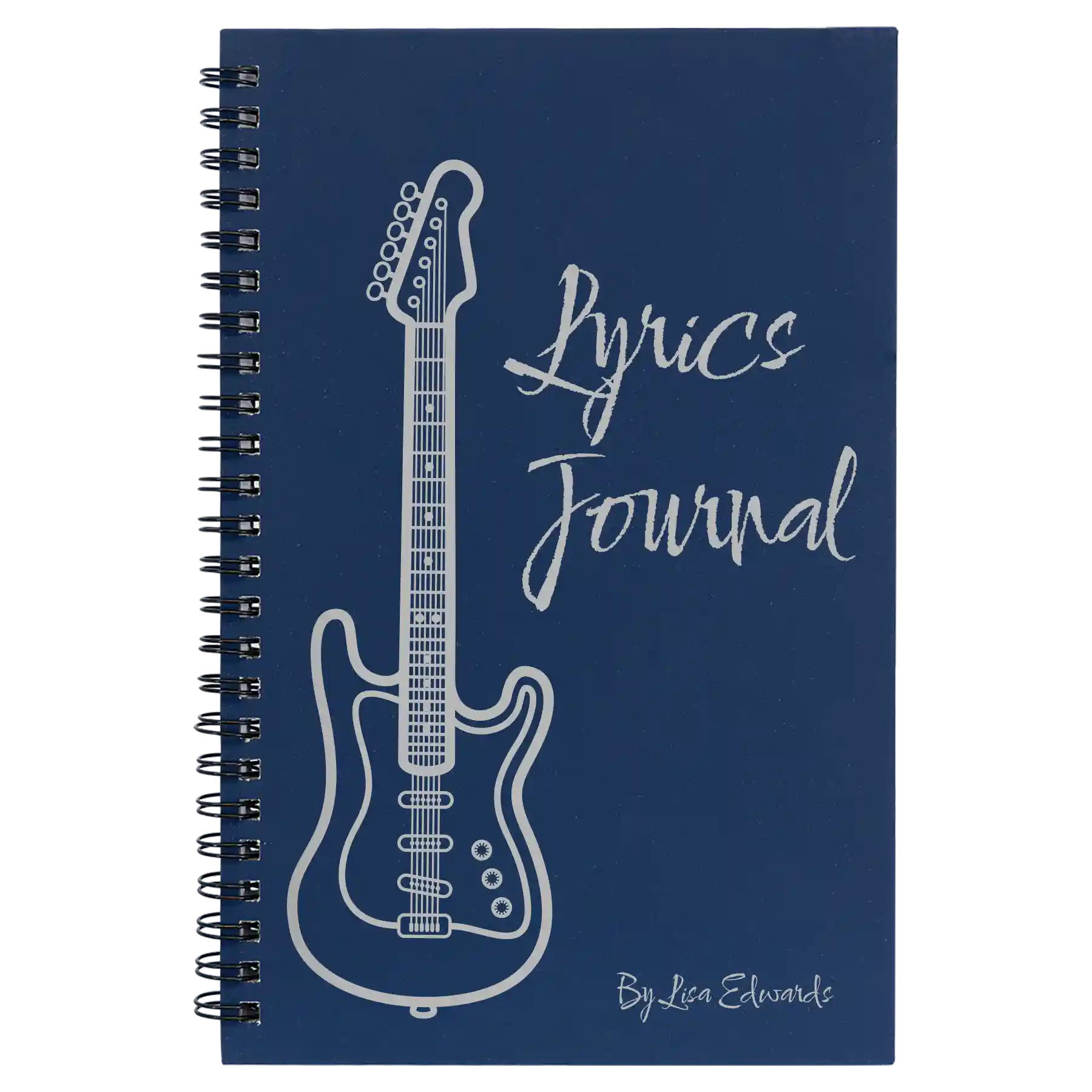 Small blue spiral notebook laser etched with 'Lyrics' design