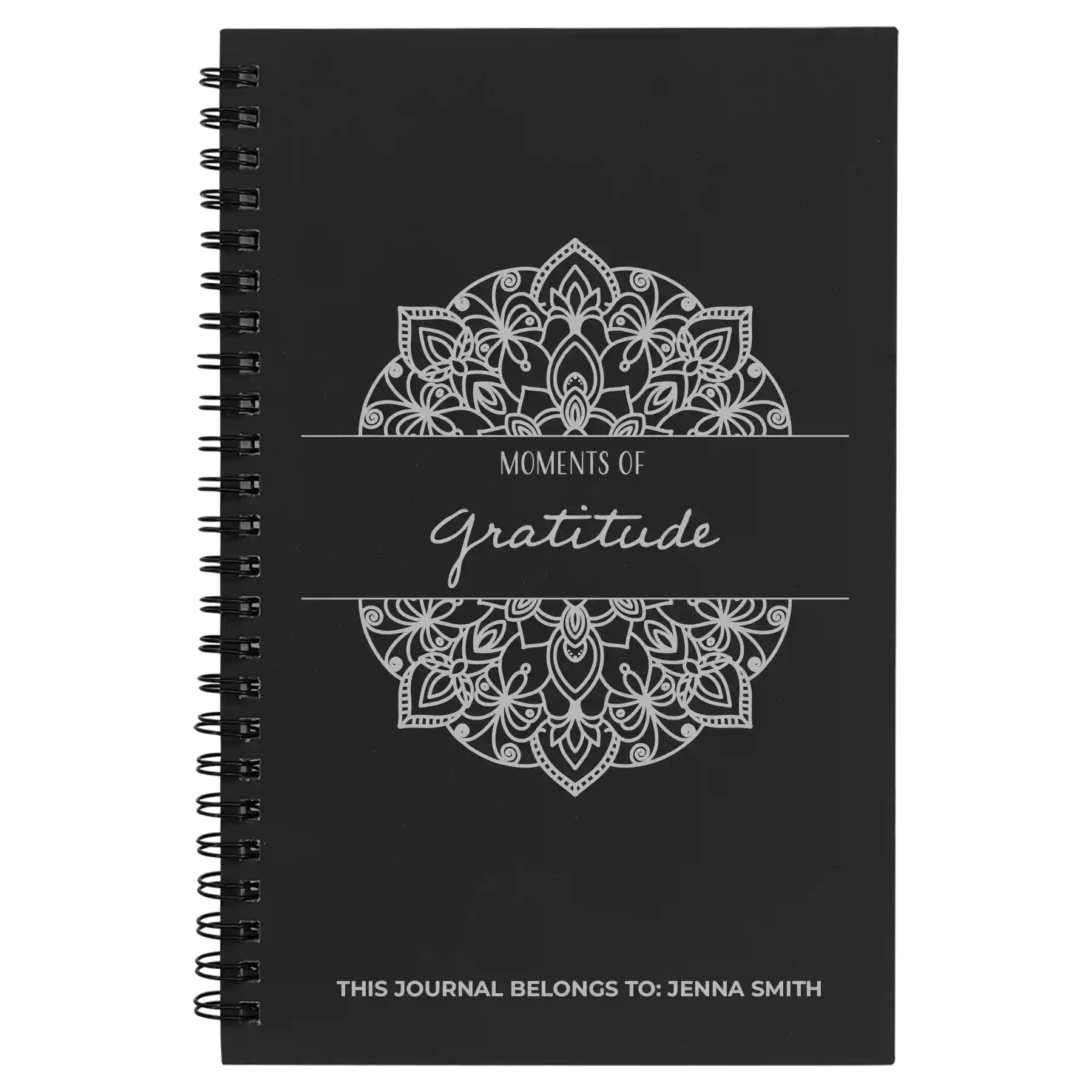 Small black spiral notebook laser etched with 'Moments of Gratitude' design