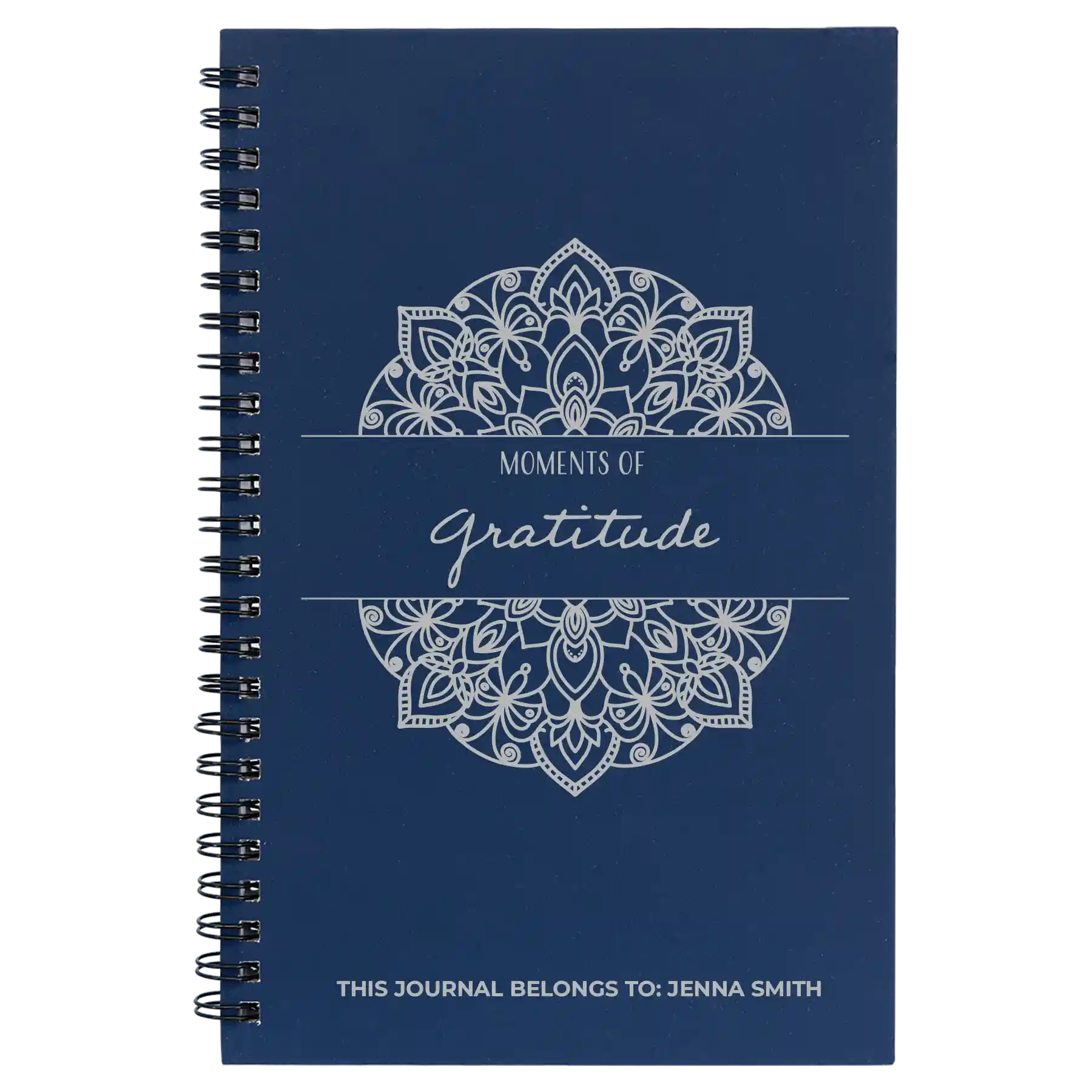 Small blue spiral notebook laser etched with 'Moments of Gratitude' design
