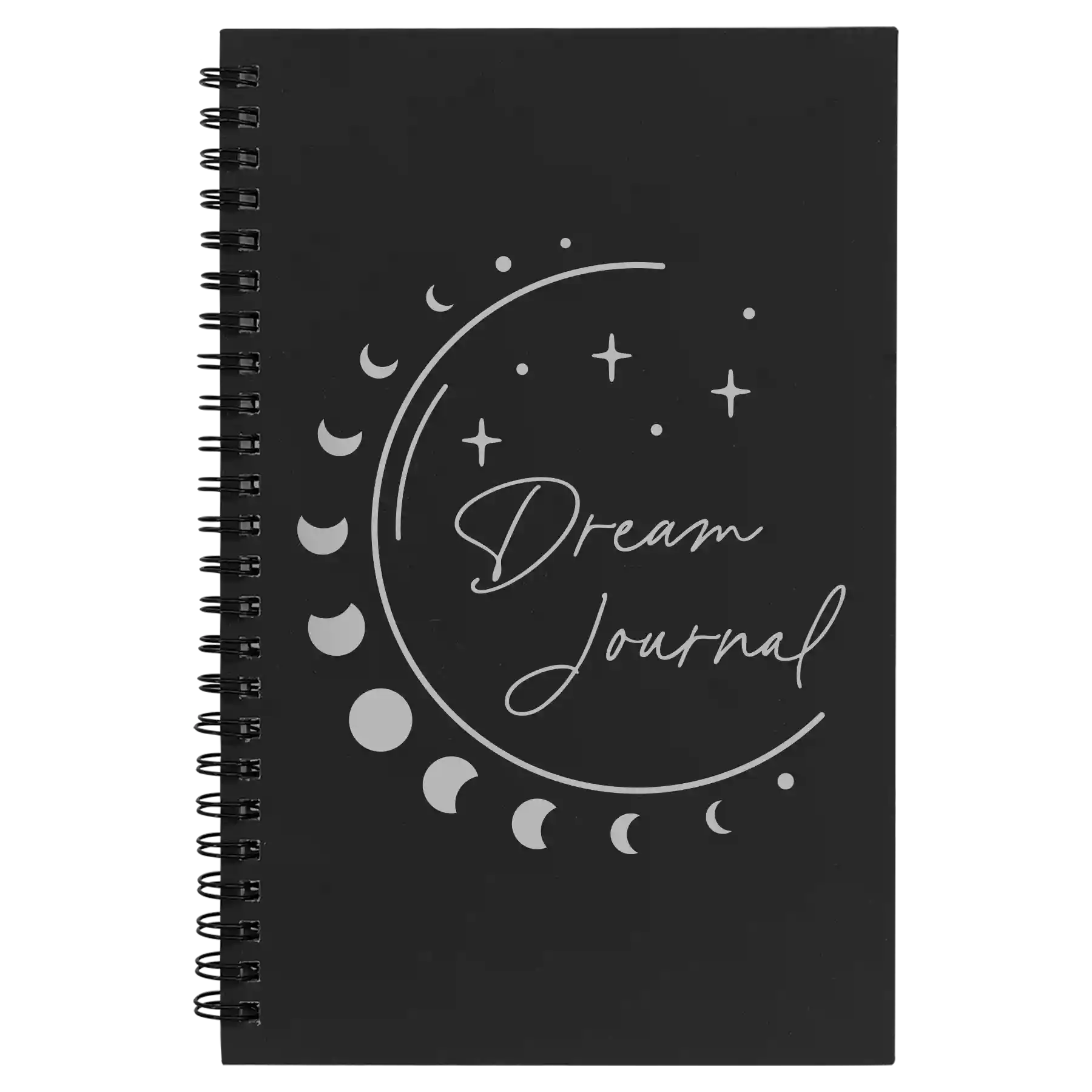 Small black spiral notebook laser etched with 'Moon Dream Journal' design