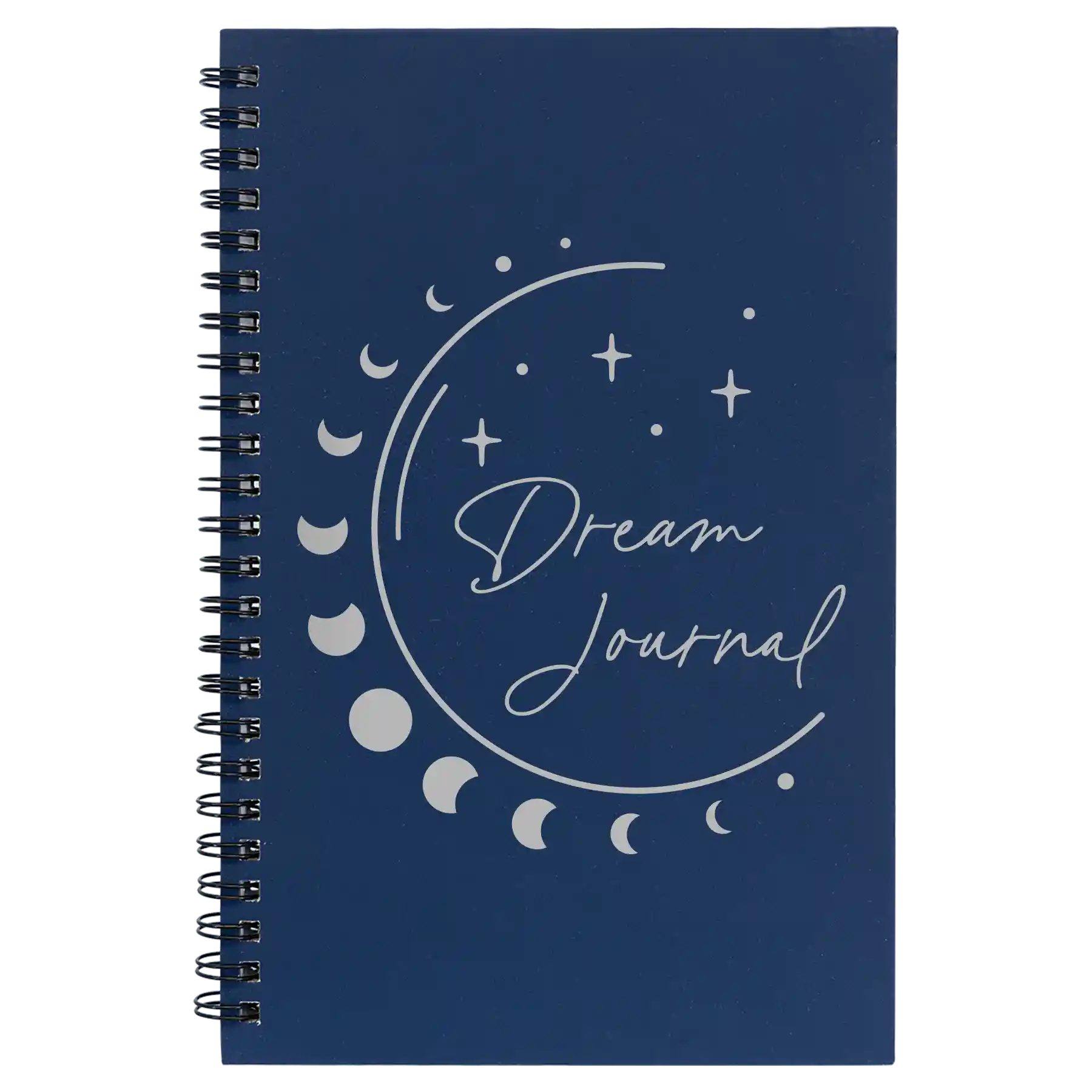 Small blue spiral notebook laser etched with 'Moon Dream Journal' design