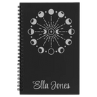Small black spiral notebook laser etched with 'Moon Phase' design