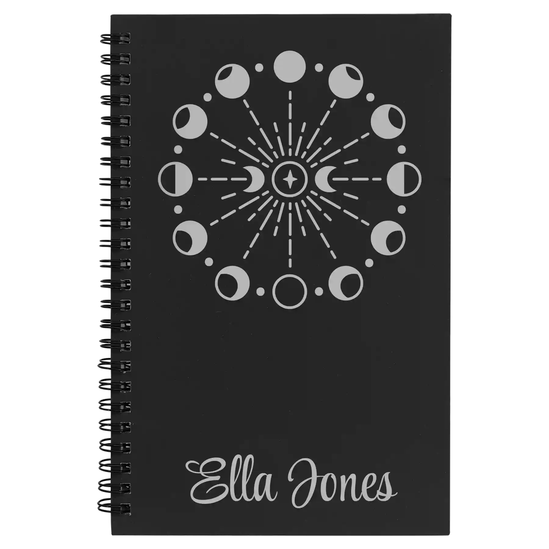 Small black spiral notebook laser etched with 'Moon Phase' design