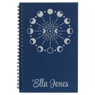 Small blue spiral notebook laser etched with 'Moon Phase' design