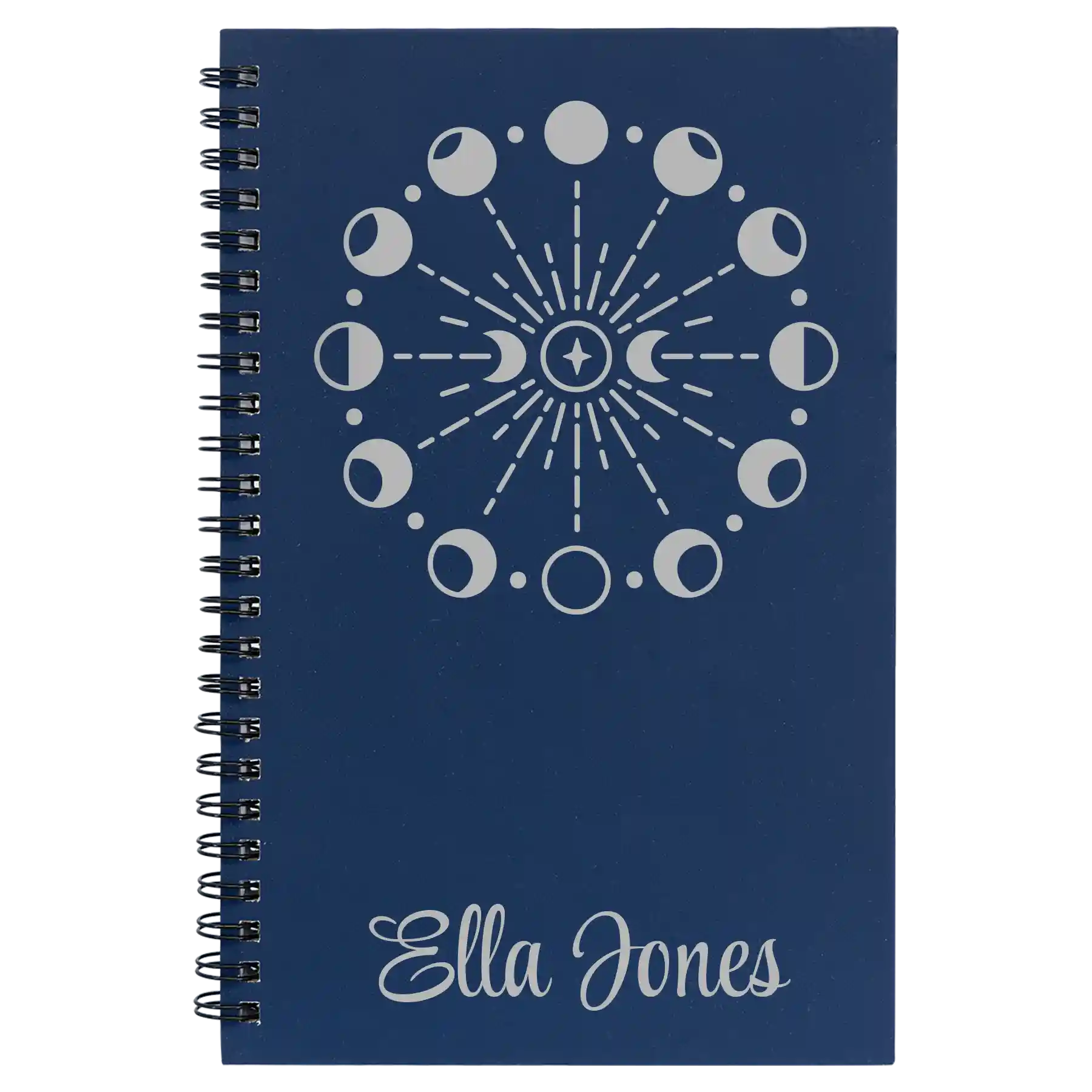 Small blue spiral notebook laser etched with 'Moon Phase' design