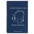 Small blue spiral notebook laser etched with 'Music Speaks' design