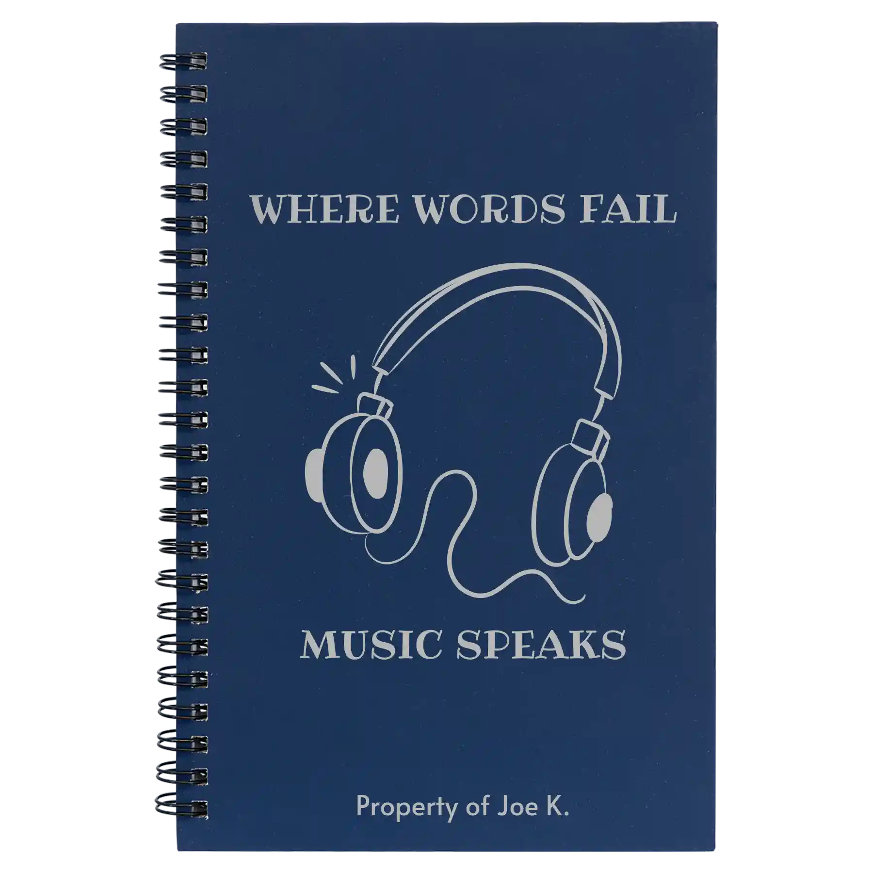 Small blue spiral notebook laser etched with 'Music Speaks' design