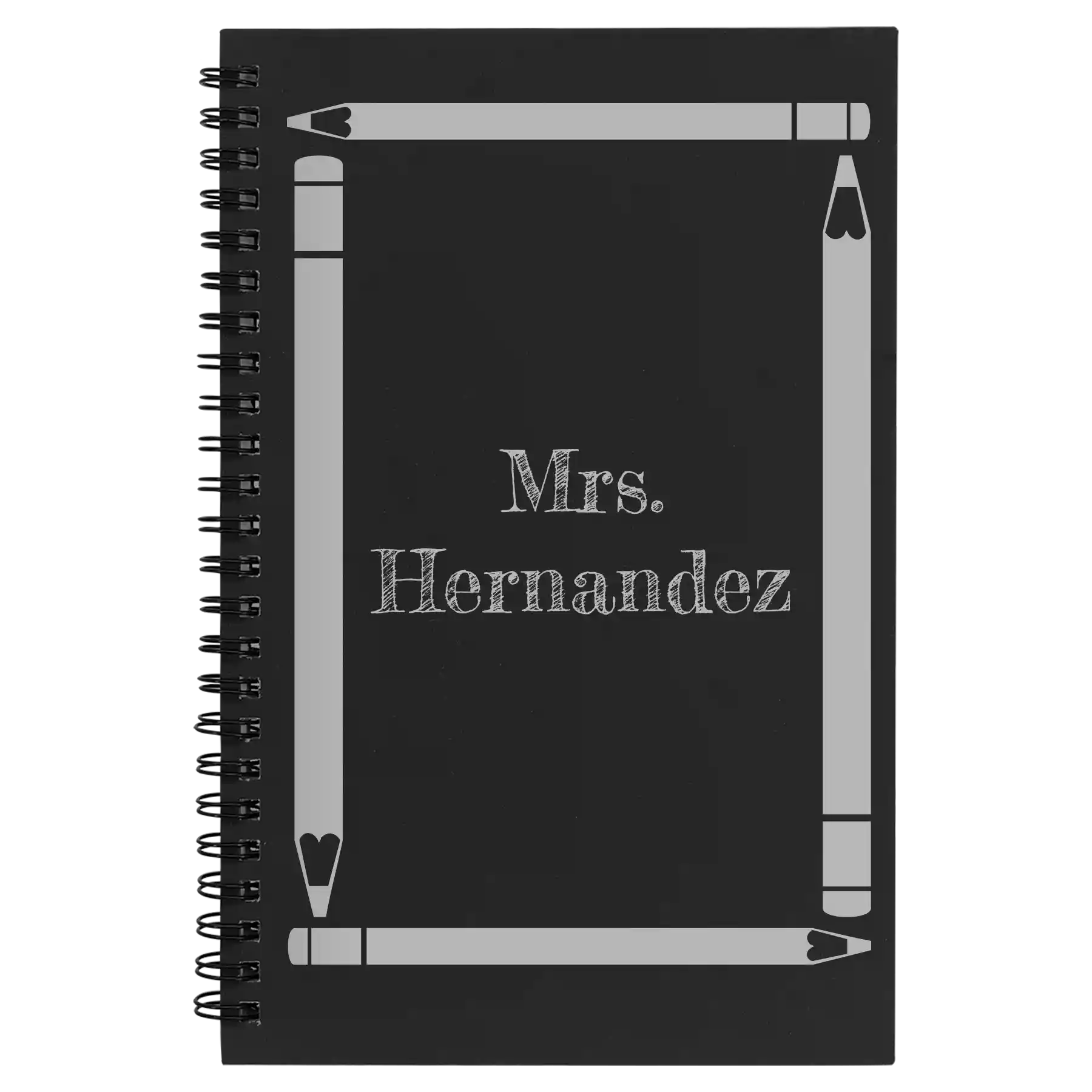 Small black spiral notebook laser etched with 'Pencils' design