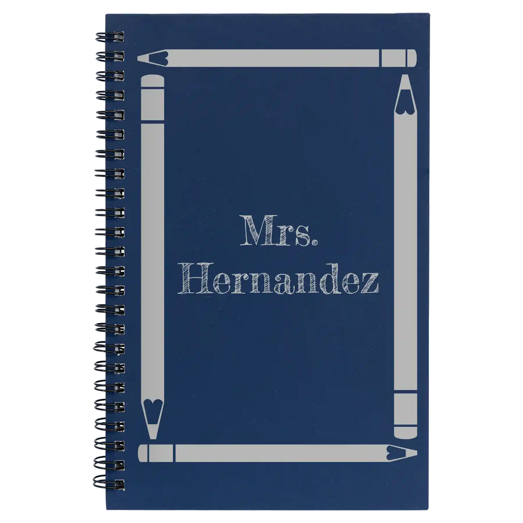 Small blue spiral notebook laser etched with 'Pencils' design